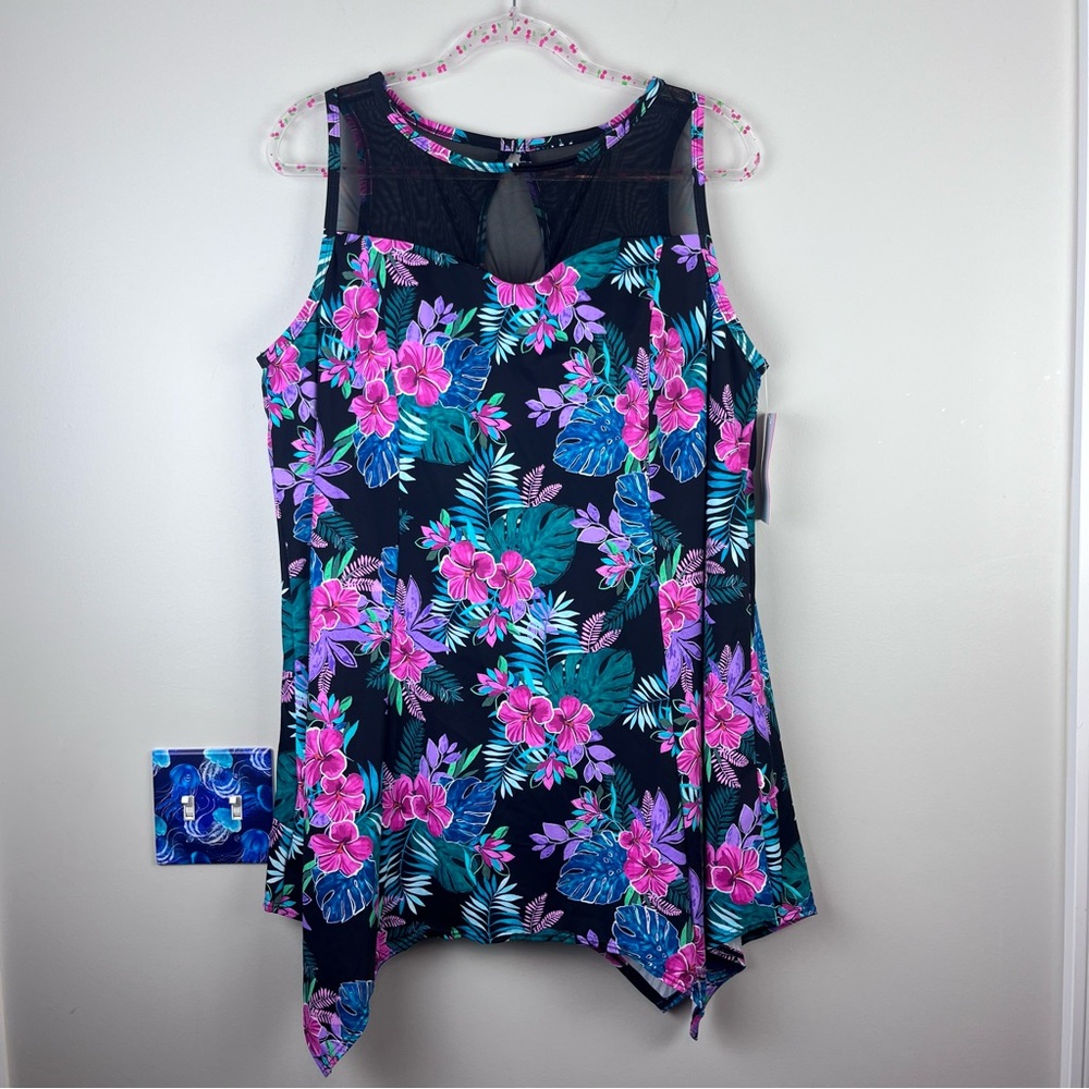 Tropical Floral Mesh-Trim Swim Coverup in Black & Pink